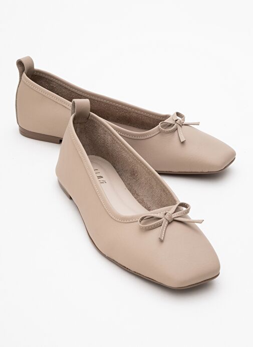 SOSA Bej Cilt Hakiki Deri Küt Burunlu Fiyonklu Kadın Babet Ayakkabı - Görsel 2