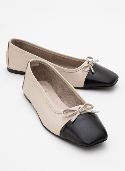 ROMY Ekru-Siyah Cilt Hakiki Deri Küt Burunlu Fiyonklu Kadın Babet Ayakkabı - Görsel 2