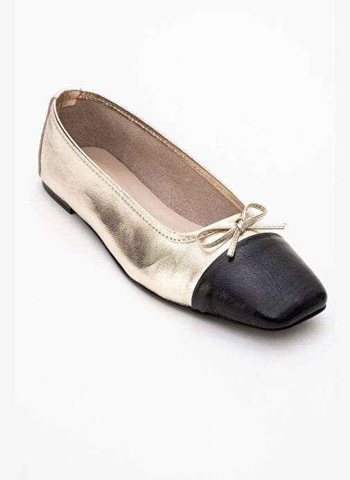 ROMY Altın-Siyah Cilt Hakiki Deri Küt Burunlu Fiyonklu Kadın Babet Ayakkabı - Görsel 4