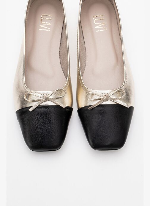 ROMY Altın-Siyah Cilt Hakiki Deri Küt Burunlu Fiyonklu Kadın Babet Ayakkabı - Görsel 3