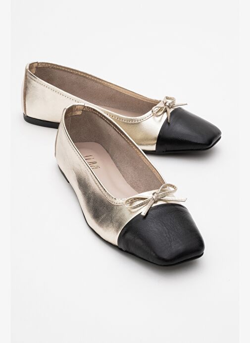 ROMY Altın-Siyah Cilt Hakiki Deri Küt Burunlu Fiyonklu Kadın Babet Ayakkabı - Görsel 2