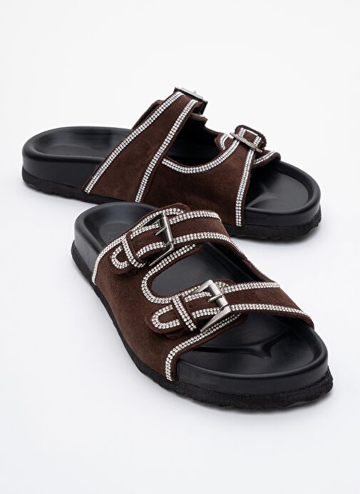 ALLEN Kahverengi Taşlı Hakiki Deri Süet Kadın Terlik - Görsel 2