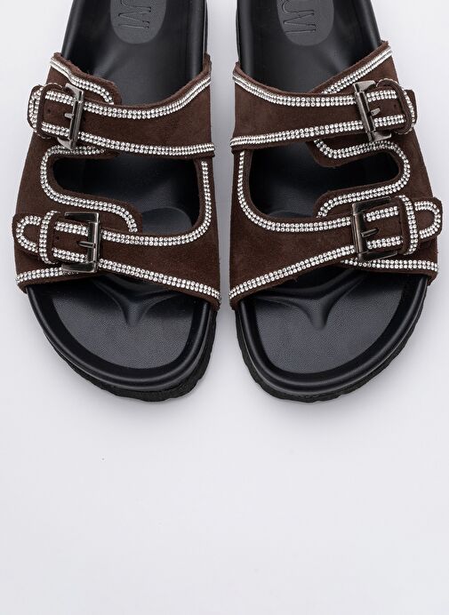 ALLEN Kahverengi Taşlı Hakiki Deri Süet Kadın Terlik - Görsel 3