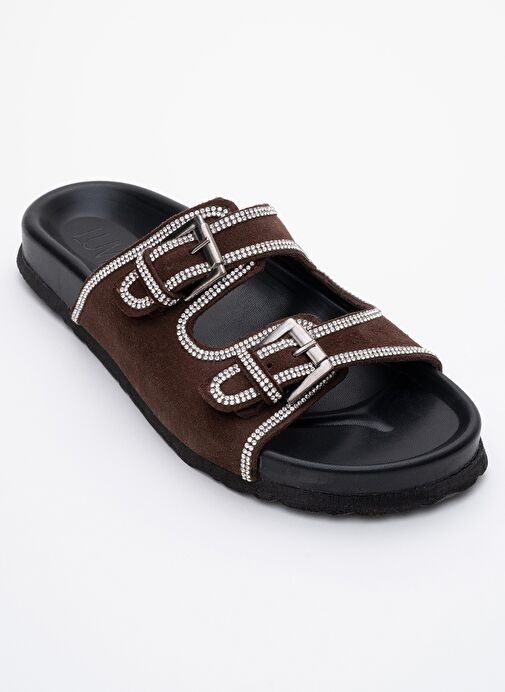 ALLEN Kahverengi Taşlı Hakiki Deri Süet Kadın Terlik - Görsel 4