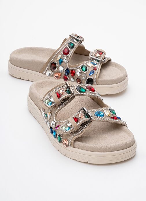 JULES Bej Süet Hakiki Deri Çift Bantlı Renkli Taşlı Kadın Terlik - Görsel 2