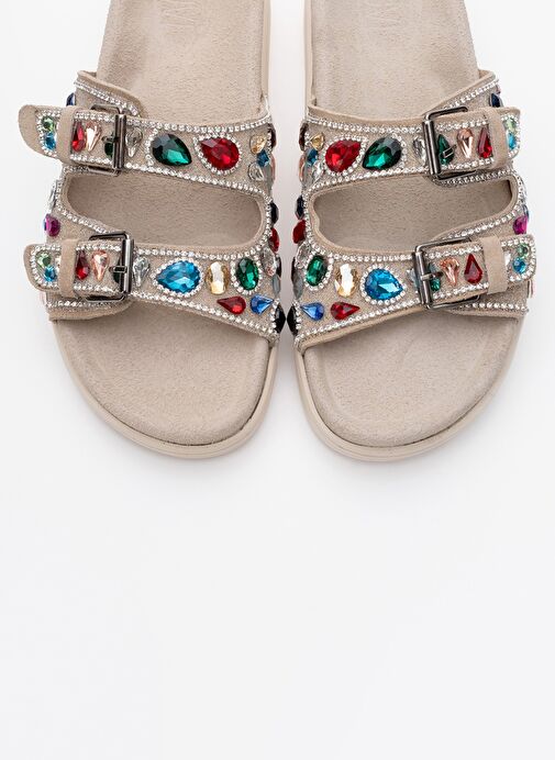 JULES Bej Süet Hakiki Deri Çift Bantlı Renkli Taşlı Kadın Terlik - Görsel 3