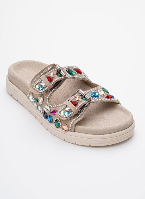 JULES Bej Süet Hakiki Deri Çift Bantlı Renkli Taşlı Kadın Terlik - Görsel 4