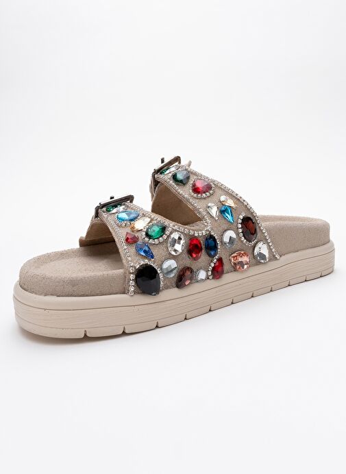 JULES Bej Süet Hakiki Deri Çift Bantlı Renkli Taşlı Kadın Terlik - Görsel 5