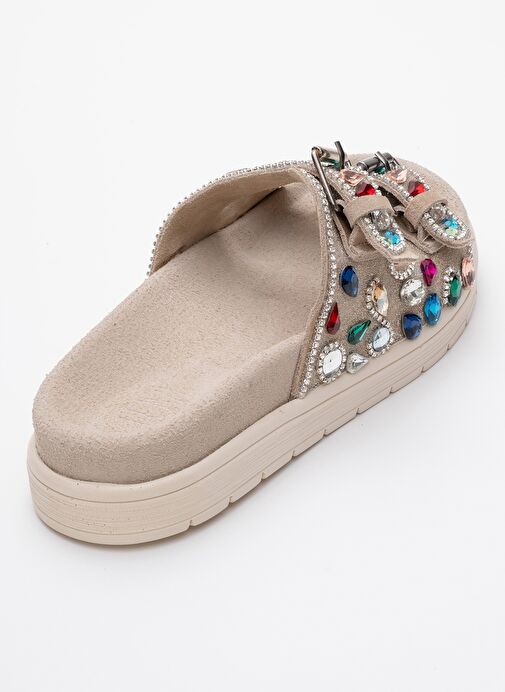 JULES Bej Süet Hakiki Deri Çift Bantlı Renkli Taşlı Kadın Terlik - Görsel 6