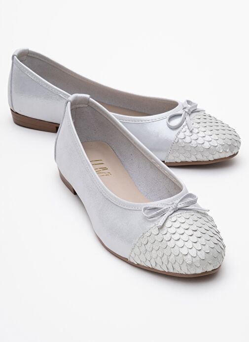 02 Beyaz Simli Hakiki Deri Kadın Babet Ayakkabı - Görsel 2