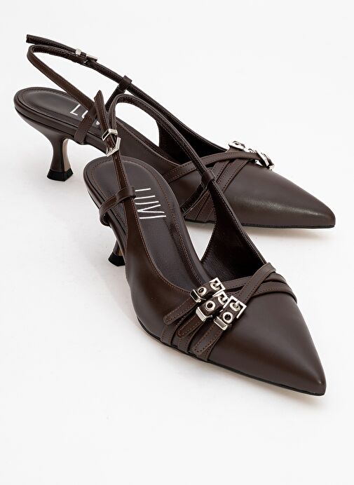 WOSS Kahverengi Cilt Kemer Detaylı Kadın Topuklu Ayakkabı - Görsel 2