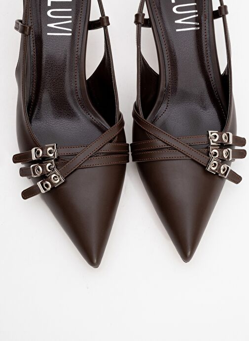 WOSS Kahverengi Cilt Kemer Detaylı Kadın Topuklu Ayakkabı - Görsel 3