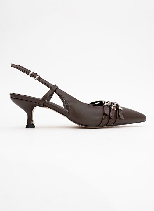 WOSS Kahverengi Cilt Kemer Detaylı Kadın Topuklu Ayakkabı - Görsel 7