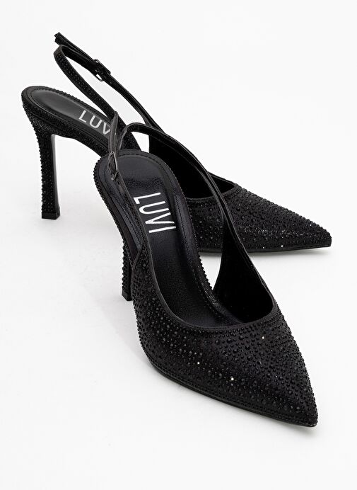 ROYA Siyah Taşlı Sivri Burun Kadın Topuklu Ayakkabı - Görsel 2