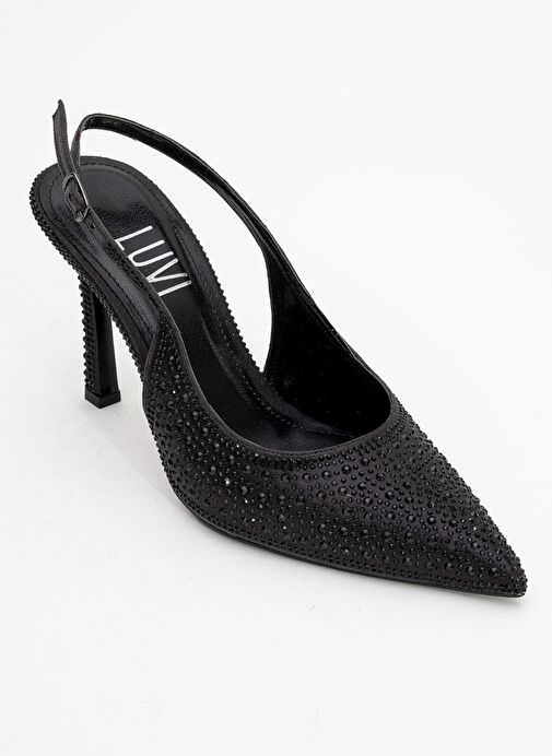 ROYA Siyah Taşlı Sivri Burun Kadın Topuklu Ayakkabı - Görsel 4