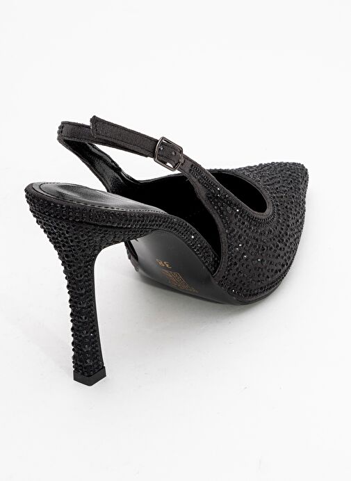 ROYA Siyah Taşlı Sivri Burun Kadın Topuklu Ayakkabı - Görsel 6