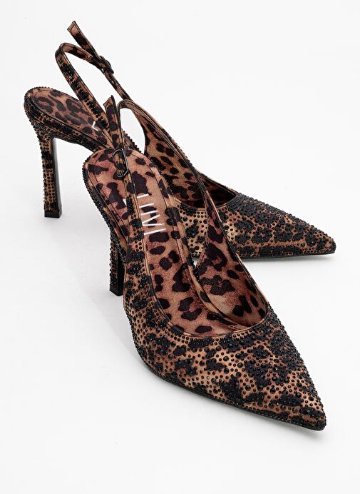 ROYA Siyah Sarı Desenli Saten Taşlı Sivri Burun Kadın Topuklu Ayakkabı - Görsel 2