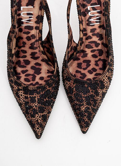 ROYA Siyah Sarı Desenli Saten Taşlı Sivri Burun Kadın Topuklu Ayakkabı - Görsel 3