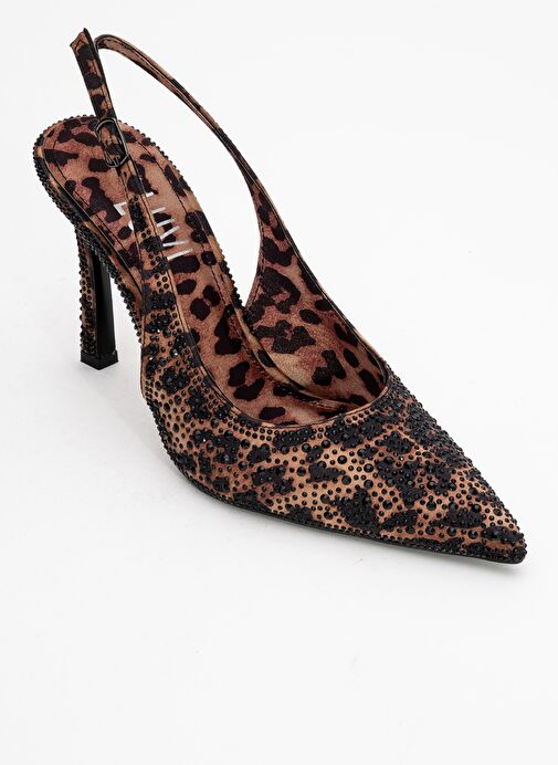 ROYA Siyah Sarı Desenli Saten Taşlı Sivri Burun Kadın Topuklu Ayakkabı - Görsel 4