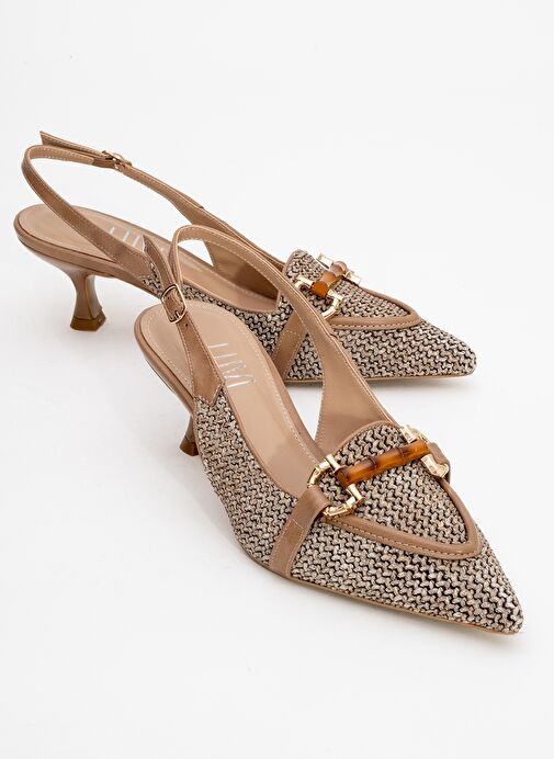 OSCA Koyu Bej Hasır Tokalı Sivri Burun Kadın Topuklu Ayakkabı - Görsel 2