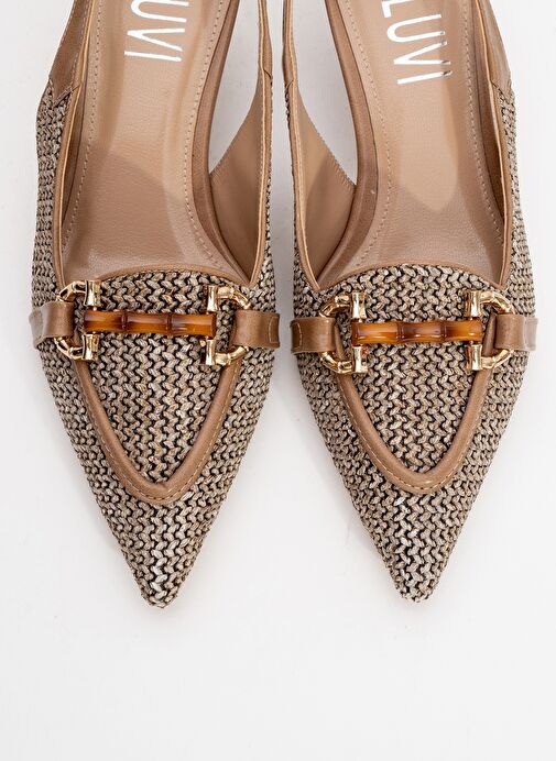 OSCA Koyu Bej Hasır Tokalı Sivri Burun Kadın Topuklu Ayakkabı - Görsel 3