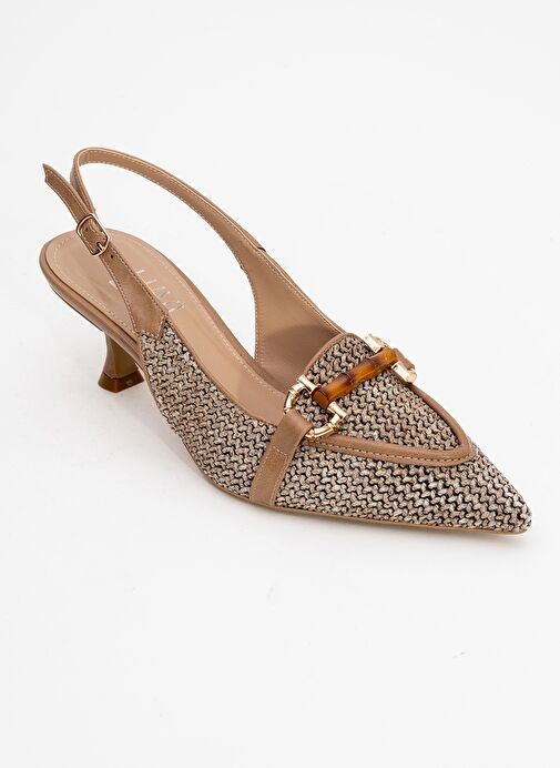 OSCA Koyu Bej Hasır Tokalı Sivri Burun Kadın Topuklu Ayakkabı - Görsel 4