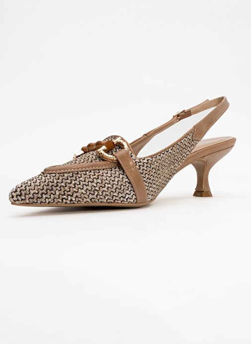 OSCA Koyu Bej Hasır Tokalı Sivri Burun Kadın Topuklu Ayakkabı - Görsel 5