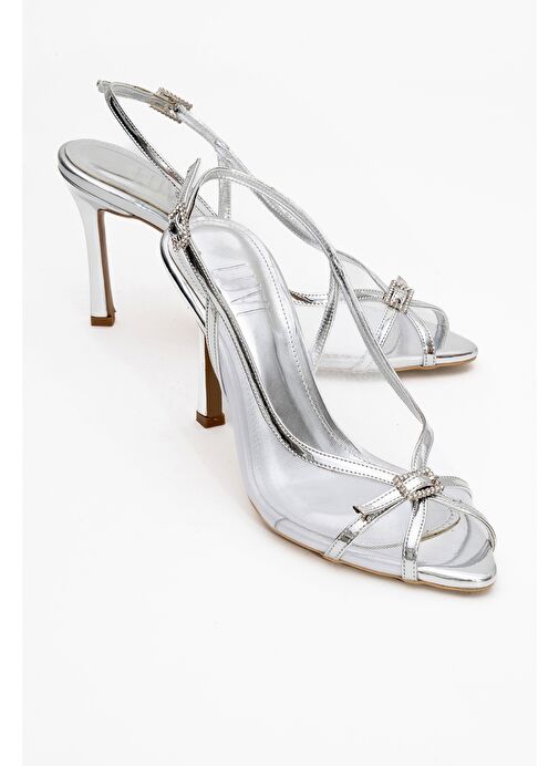 ELYSE Gümüş Rugan Fileli Kadın Yüksek Topuklu Abiye Ayakkabı - Görsel 2