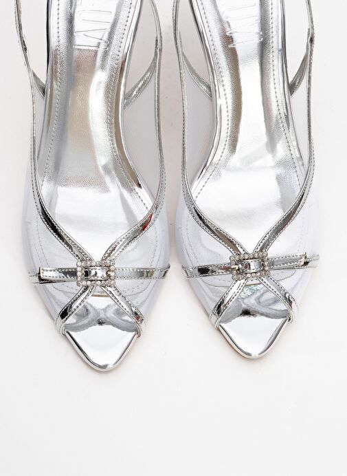 ELYSE Gümüş Rugan Fileli Kadın Yüksek Topuklu Abiye Ayakkabı - Görsel 3