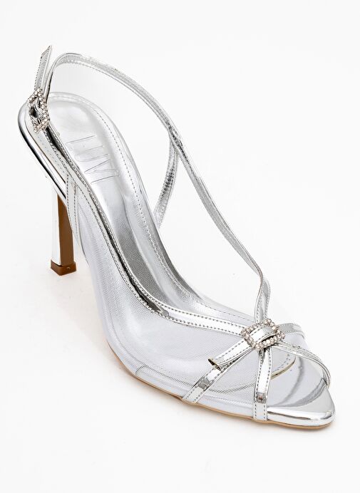 ELYSE Gümüş Rugan Fileli Kadın Yüksek Topuklu Abiye Ayakkabı - Görsel 4