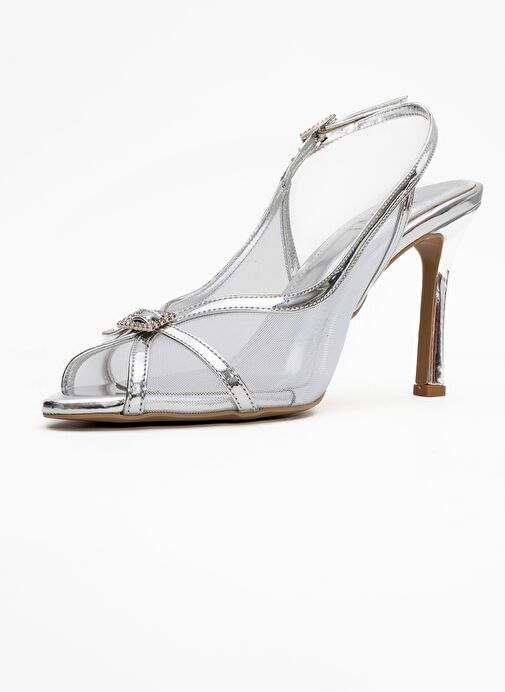 ELYSE Gümüş Rugan Fileli Kadın Yüksek Topuklu Abiye Ayakkabı - Görsel 5
