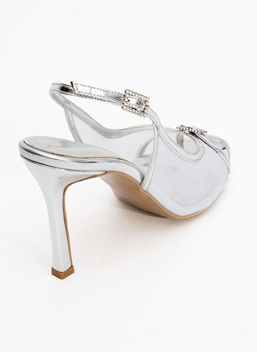 ELYSE Gümüş Rugan Fileli Kadın Yüksek Topuklu Abiye Ayakkabı - Görsel 6