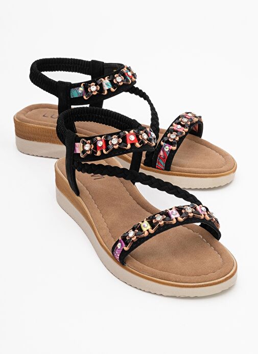 YUAN Siyah Örgü Bantlı Taşlı Tokalı Kadın Sandalet - Görsel 2