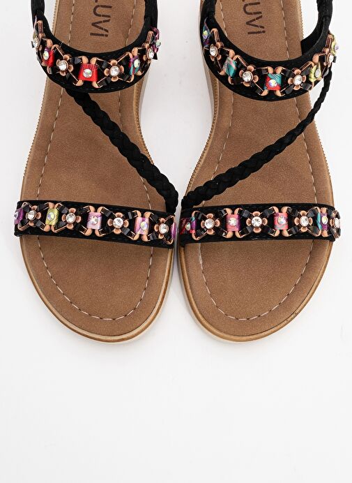 YUAN Siyah Örgü Bantlı Taşlı Tokalı Kadın Sandalet - Görsel 3