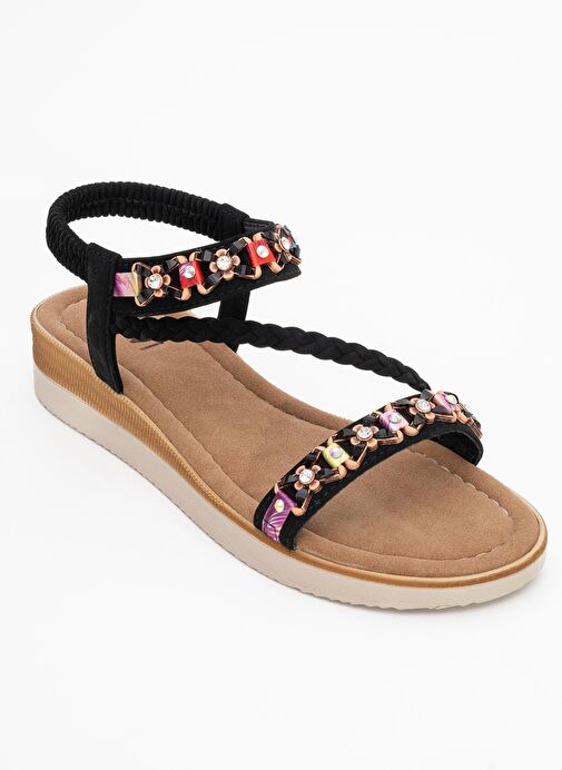 YUAN Siyah Örgü Bantlı Taşlı Tokalı Kadın Sandalet - Görsel 4