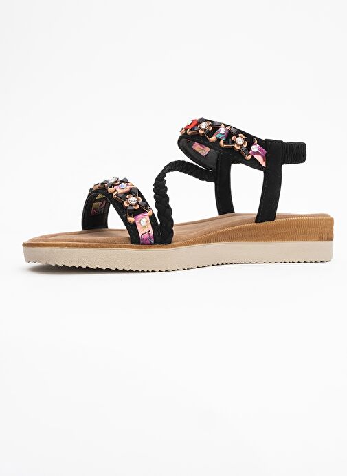 YUAN Siyah Örgü Bantlı Taşlı Tokalı Kadın Sandalet - Görsel 5
