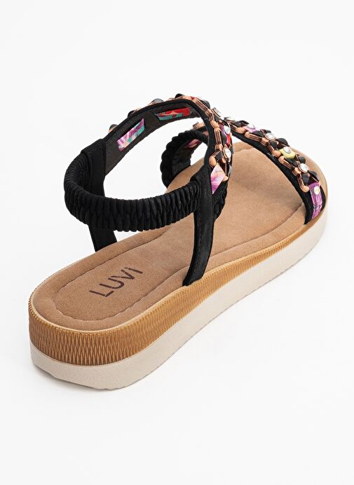 YUAN Siyah Örgü Bantlı Taşlı Tokalı Kadın Sandalet - Görsel 6