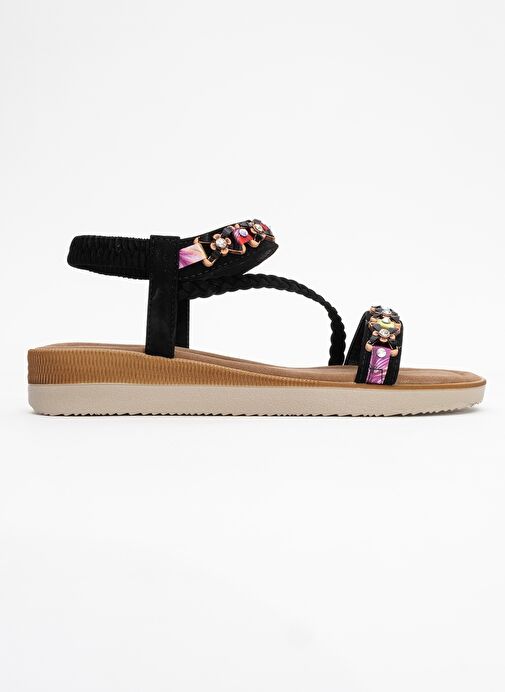 YUAN Siyah Örgü Bantlı Taşlı Tokalı Kadın Sandalet - Görsel 7