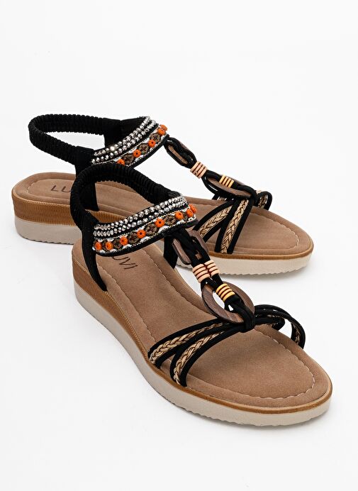 CHER Siyah Örgü Bantlı Taşlı Tokalı Kadın Sandalet - Görsel 2