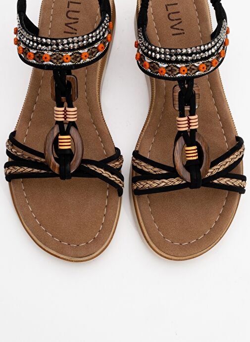 CHER Siyah Örgü Bantlı Taşlı Tokalı Kadın Sandalet - Görsel 3