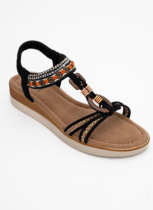 CHER Siyah Örgü Bantlı Taşlı Tokalı Kadın Sandalet - Görsel 4