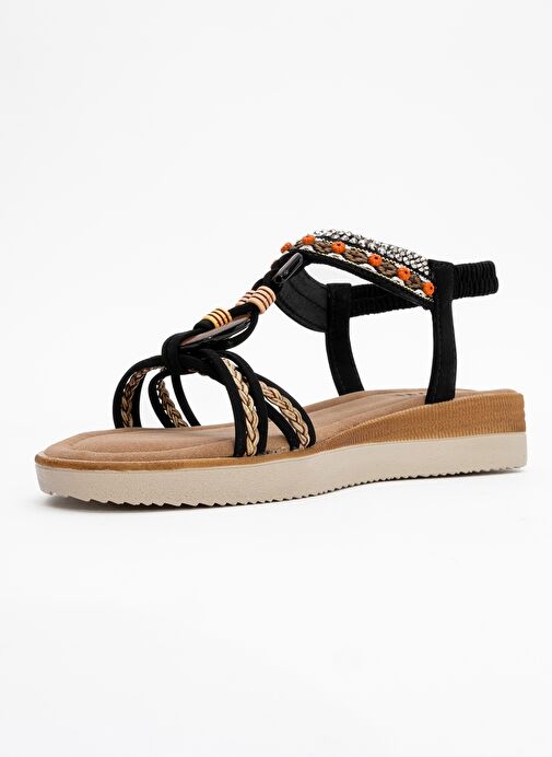 CHER Siyah Örgü Bantlı Taşlı Tokalı Kadın Sandalet - Görsel 5