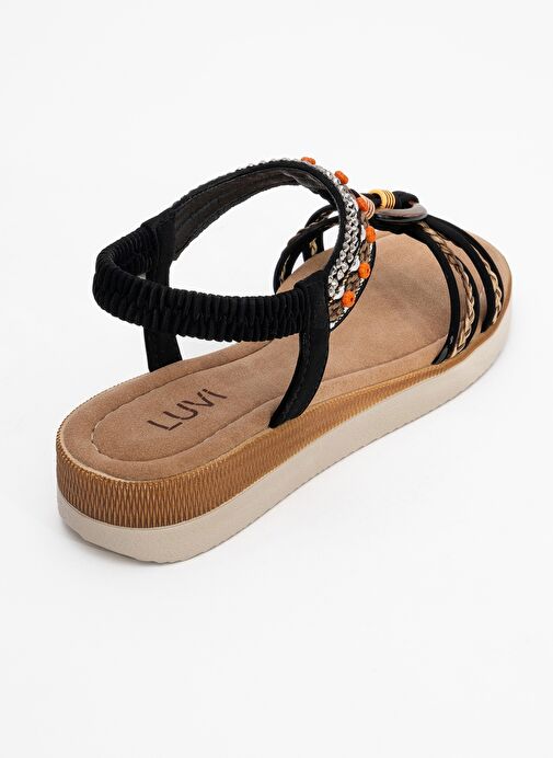 CHER Siyah Örgü Bantlı Taşlı Tokalı Kadın Sandalet - Görsel 6