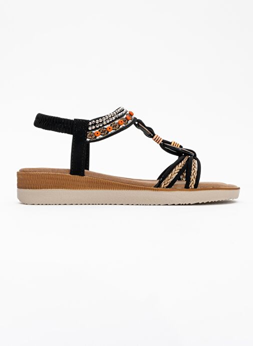 CHER Siyah Örgü Bantlı Taşlı Tokalı Kadın Sandalet - Görsel 7