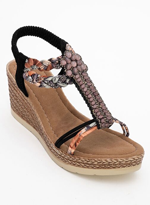 SOGNO Siyah Taşlı Kadın Dolgu Topuklu Sandalet - Görsel 4