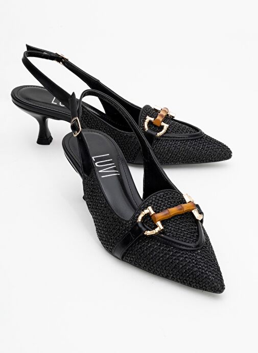 OSCA Siyah Hasır Tokalı Sivri Burun Kadın Topuklu Ayakkabı - Görsel 2