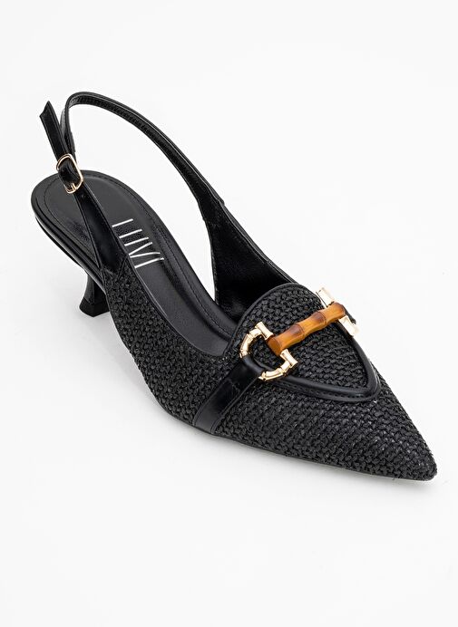 OSCA Siyah Hasır Tokalı Sivri Burun Kadın Topuklu Ayakkabı - Görsel 3