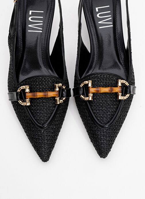 OSCA Siyah Hasır Tokalı Sivri Burun Kadın Topuklu Ayakkabı - Görsel 7