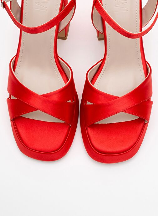 LELLO Kırmızı Saten Kadın Platform Topuklu Ayakkabı - Görsel 3