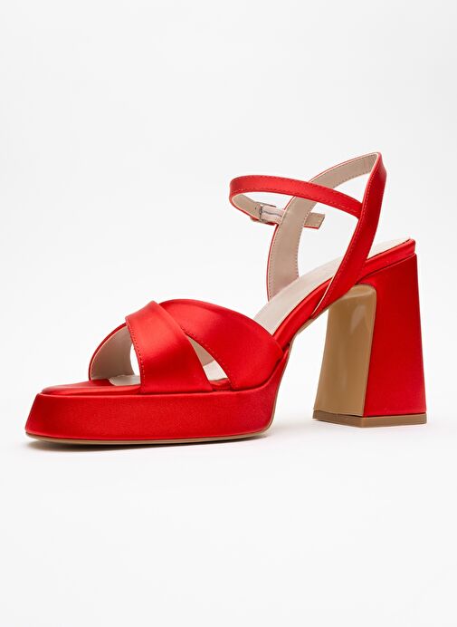 LELLO Kırmızı Saten Kadın Platform Topuklu Ayakkabı - Görsel 5